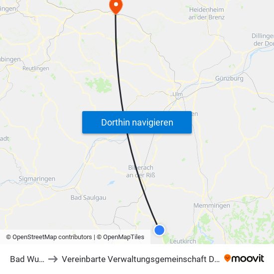 Bad Wurzach to Vereinbarte Verwaltungsgemeinschaft Der Stadt Göppingen map