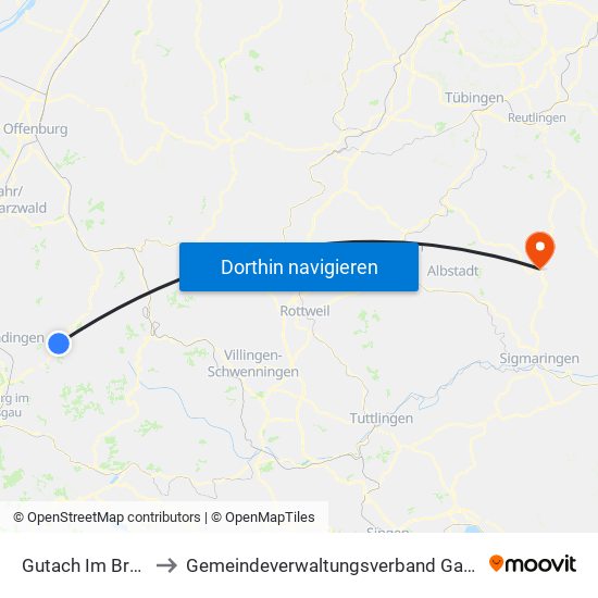 Gutach Im Breisgau to Gemeindeverwaltungsverband Gammertingen map