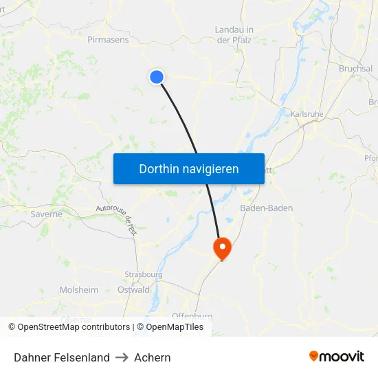 Dahner Felsenland to Achern map