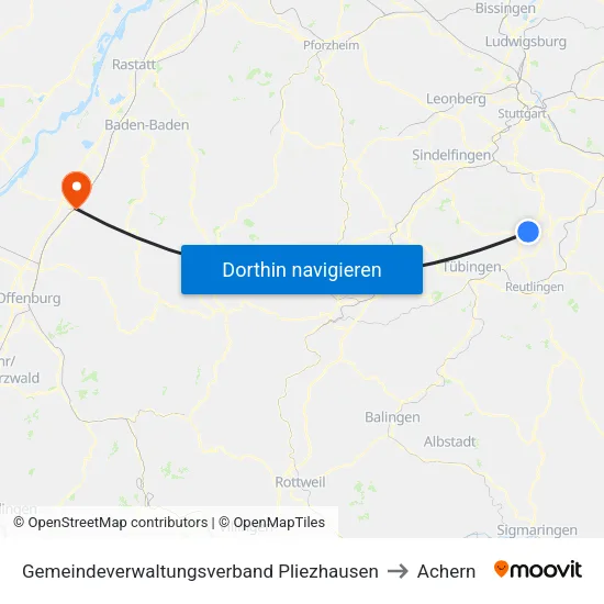 Gemeindeverwaltungsverband Pliezhausen to Achern map