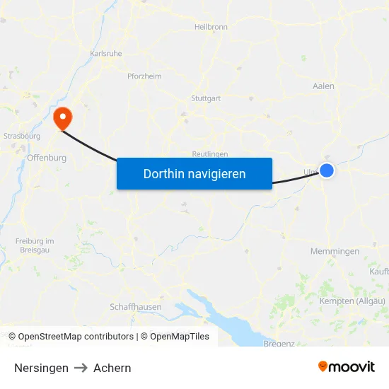 Nersingen to Achern map