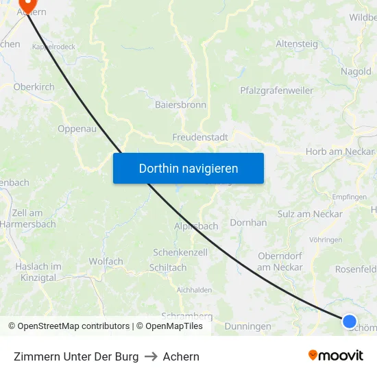 Zimmern Unter Der Burg to Achern map