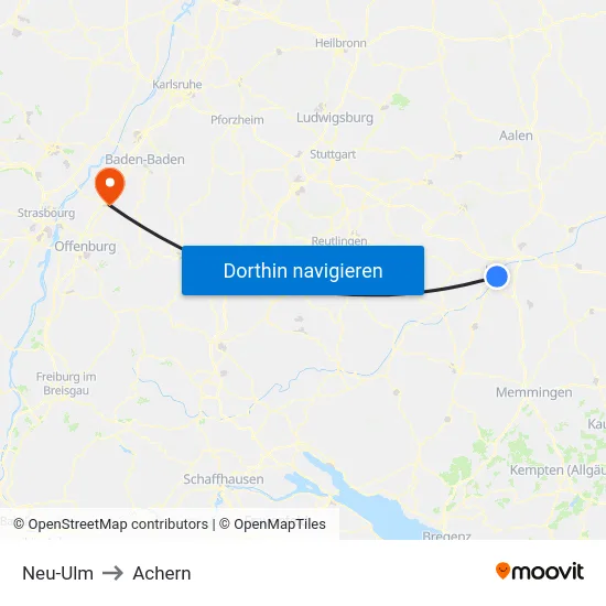 Neu-Ulm to Achern map