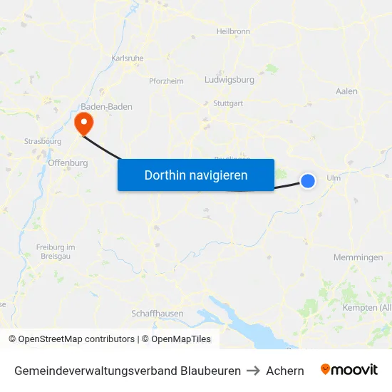 Gemeindeverwaltungsverband Blaubeuren to Achern map