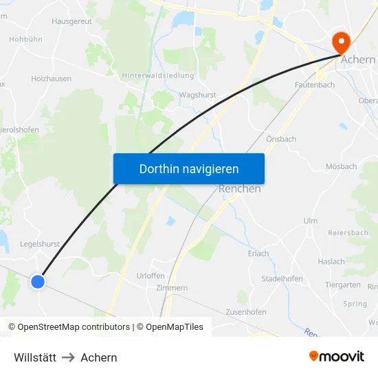 Willstätt to Achern map
