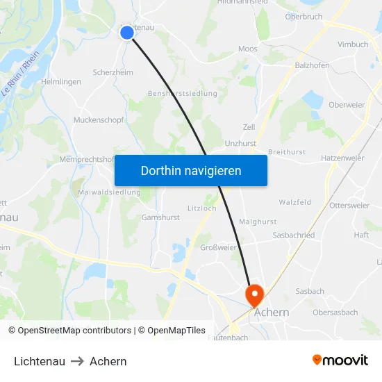 Lichtenau to Achern map