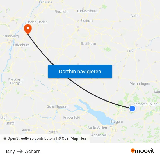Isny to Achern map