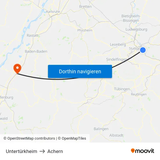Untertürkheim to Achern map