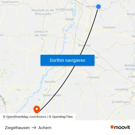 Ziegelhausen to Achern map