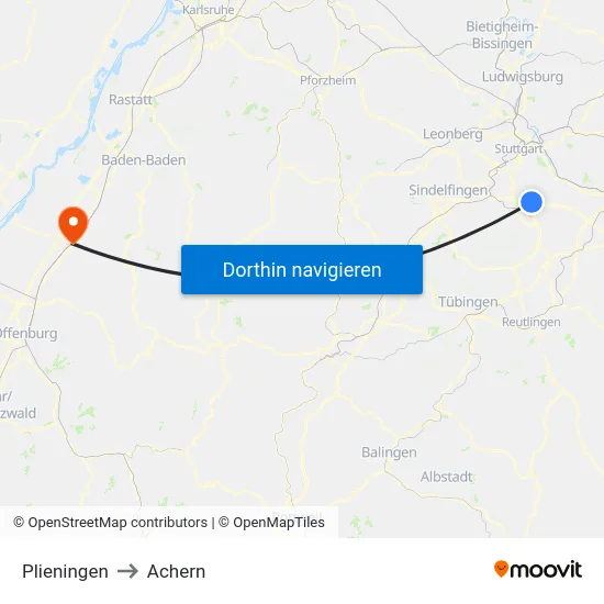 Plieningen to Achern map