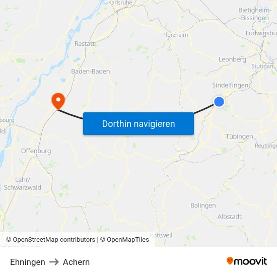 Ehningen to Achern map