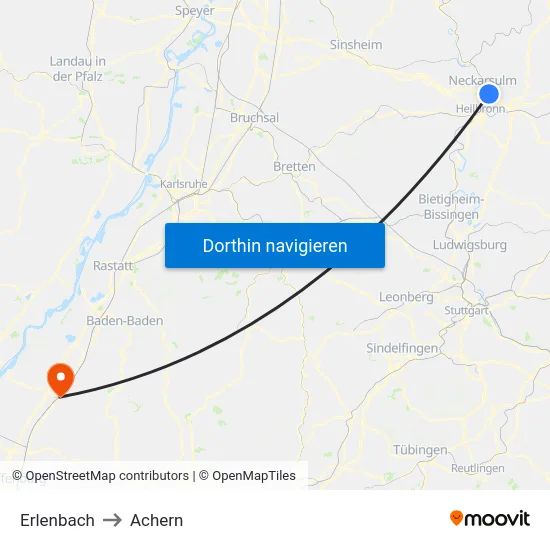 Erlenbach to Achern map