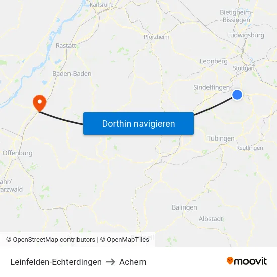 Leinfelden-Echterdingen to Achern map