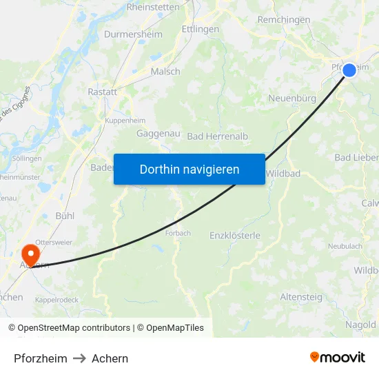 Pforzheim to Achern map