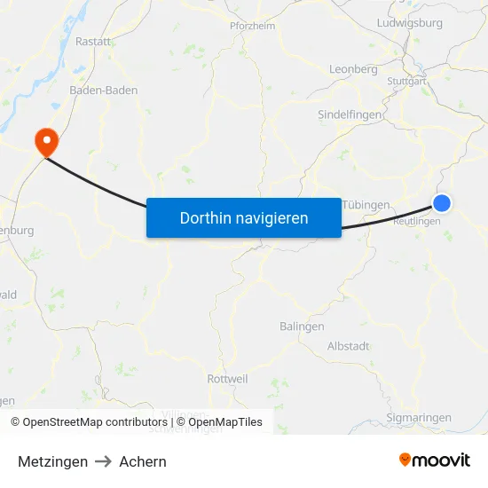 Metzingen to Achern map