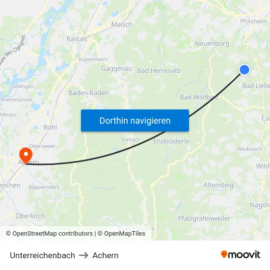 Unterreichenbach to Achern map