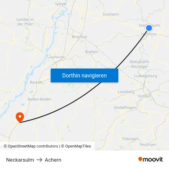 Neckarsulm to Achern map
