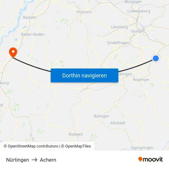 Nürtingen to Achern map