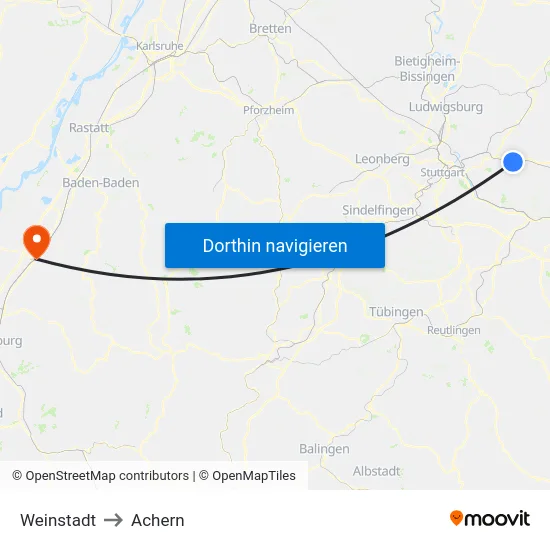 Weinstadt to Achern map