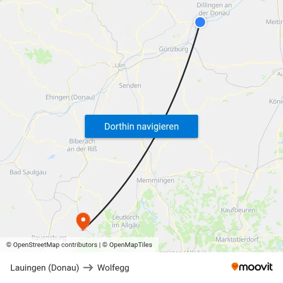 Lauingen (Donau) to Wolfegg map