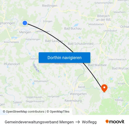 Gemeindeverwaltungsverband Mengen to Wolfegg map