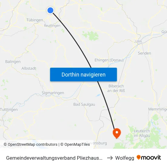 Gemeindeverwaltungsverband Pliezhausen to Wolfegg map