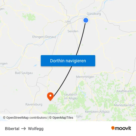 Bibertal to Wolfegg map