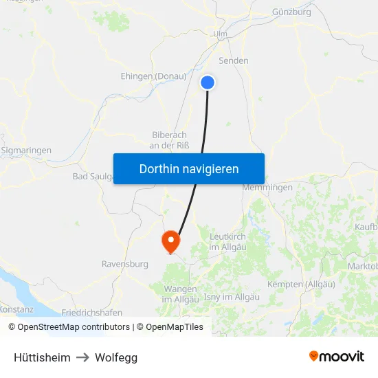 Hüttisheim to Wolfegg map