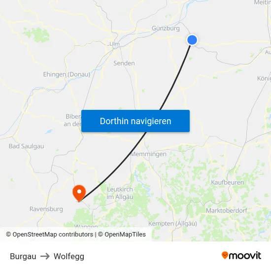 Burgau to Wolfegg map