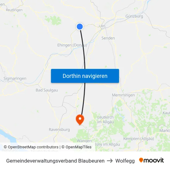 Gemeindeverwaltungsverband Blaubeuren to Wolfegg map