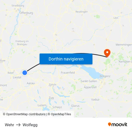 Wehr to Wolfegg map
