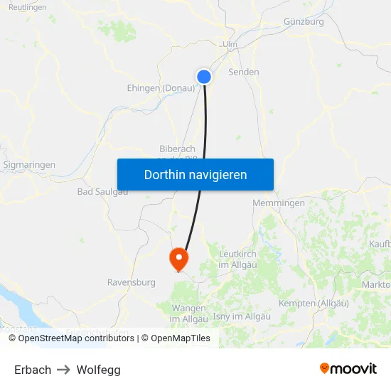 Erbach to Wolfegg map