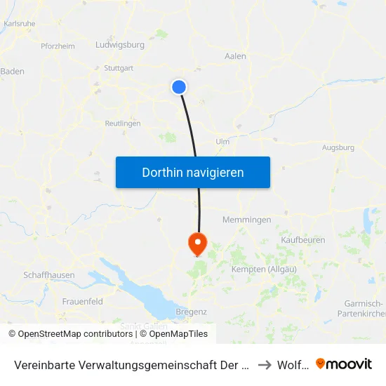 Vereinbarte Verwaltungsgemeinschaft Der Stadt Göppingen to Wolfegg map