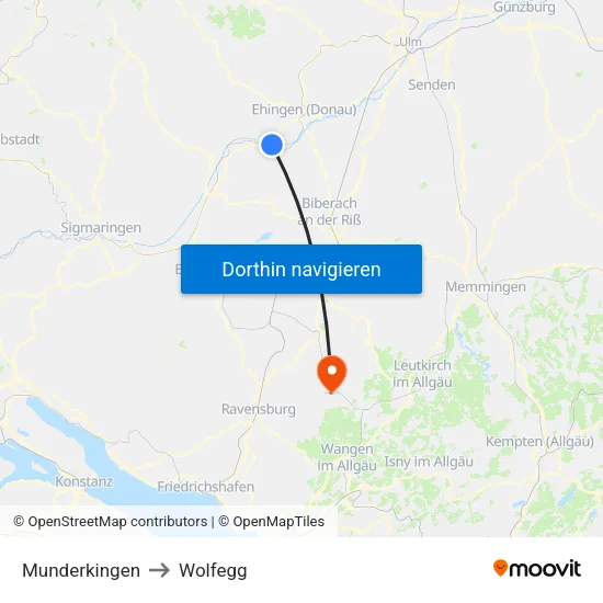 Munderkingen to Wolfegg map