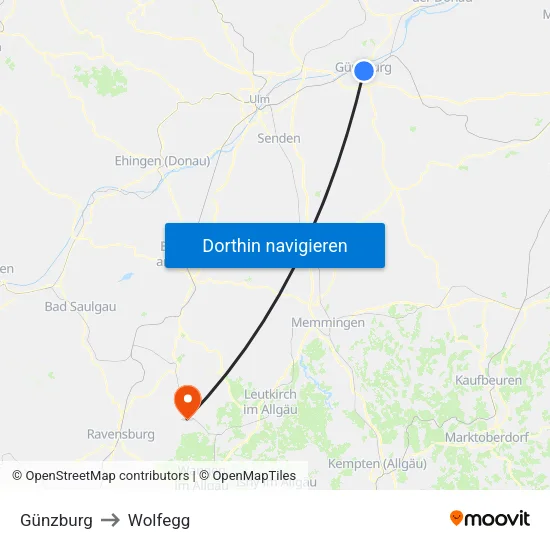 Günzburg to Wolfegg map