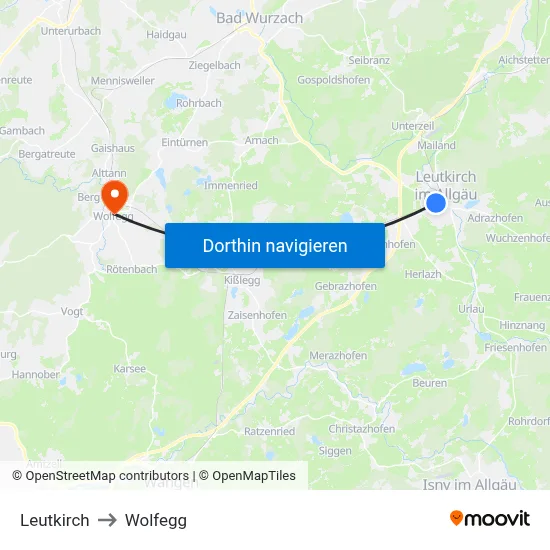 Leutkirch to Wolfegg map