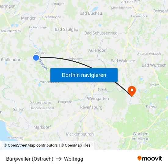 Burgweiler (Ostrach) to Wolfegg map