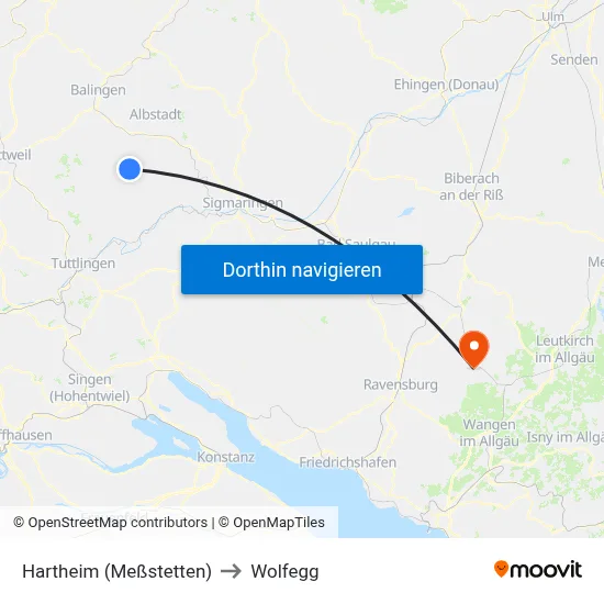 Hartheim (Meßstetten) to Wolfegg map