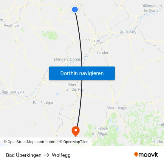 Bad Überkingen to Wolfegg map