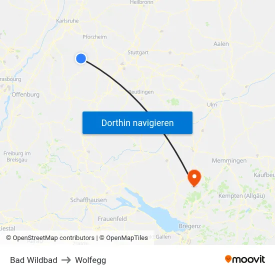 Bad Wildbad to Wolfegg map
