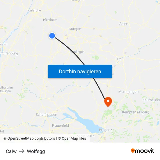 Calw to Wolfegg map