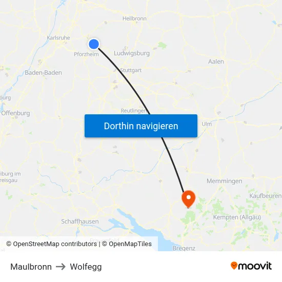 Maulbronn to Wolfegg map