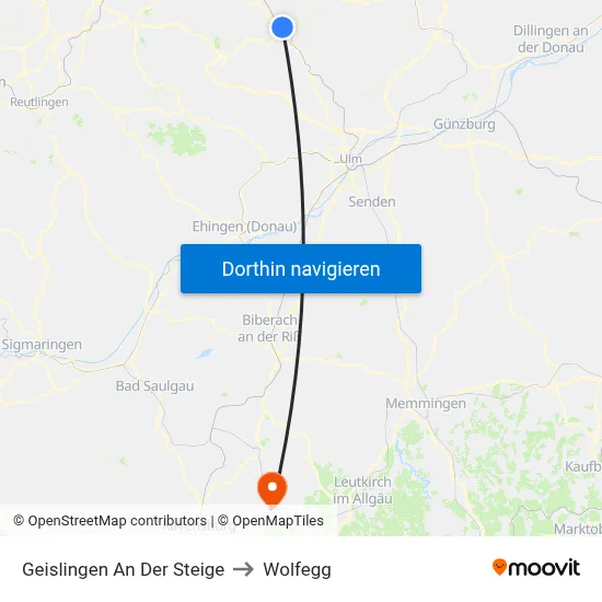 Geislingen An Der Steige to Wolfegg map