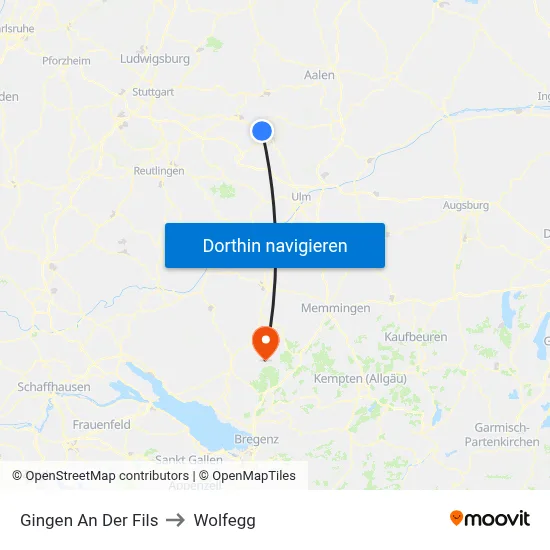 Gingen An Der Fils to Wolfegg map