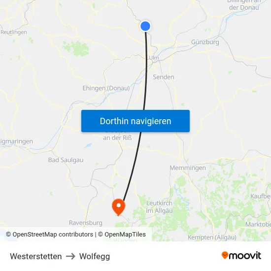 Westerstetten to Wolfegg map