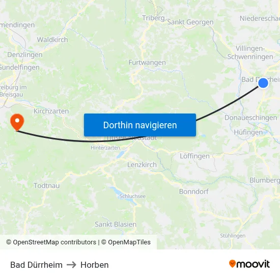 Bad Dürrheim to Horben map