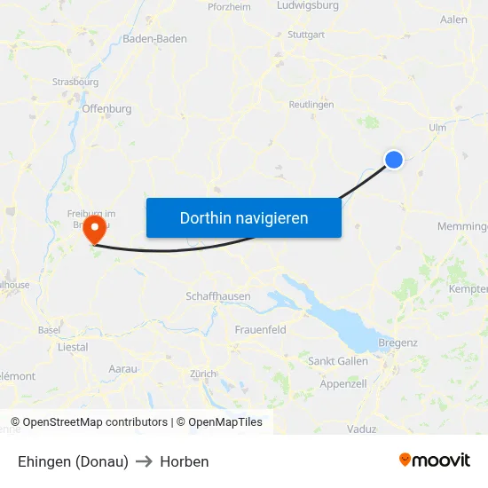 Ehingen (Donau) to Horben map