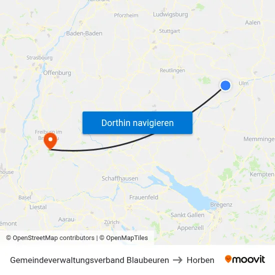 Gemeindeverwaltungsverband Blaubeuren to Horben map