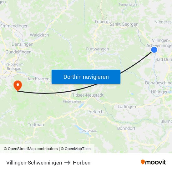 Villingen-Schwenningen to Horben map
