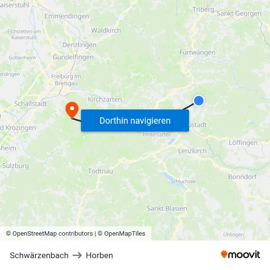 Schwärzenbach to Horben map